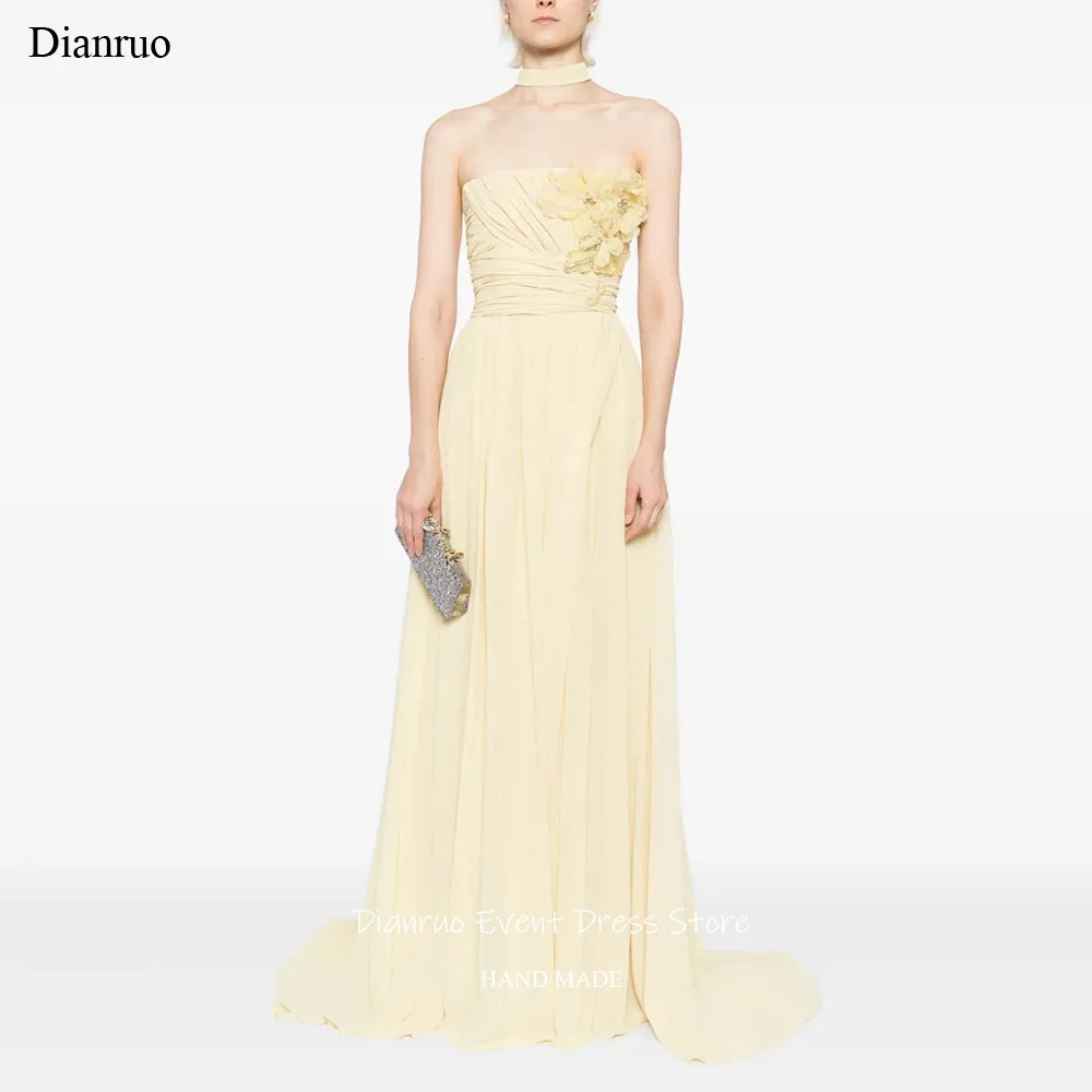 Dianruo رشيقة ثلاثية الأبعاد الزهور فستان سهرة بدون حمالات ألف خط فساتين الشيفون للنساء أشرطة Ruched فساتين حفلات 2025 مخصص