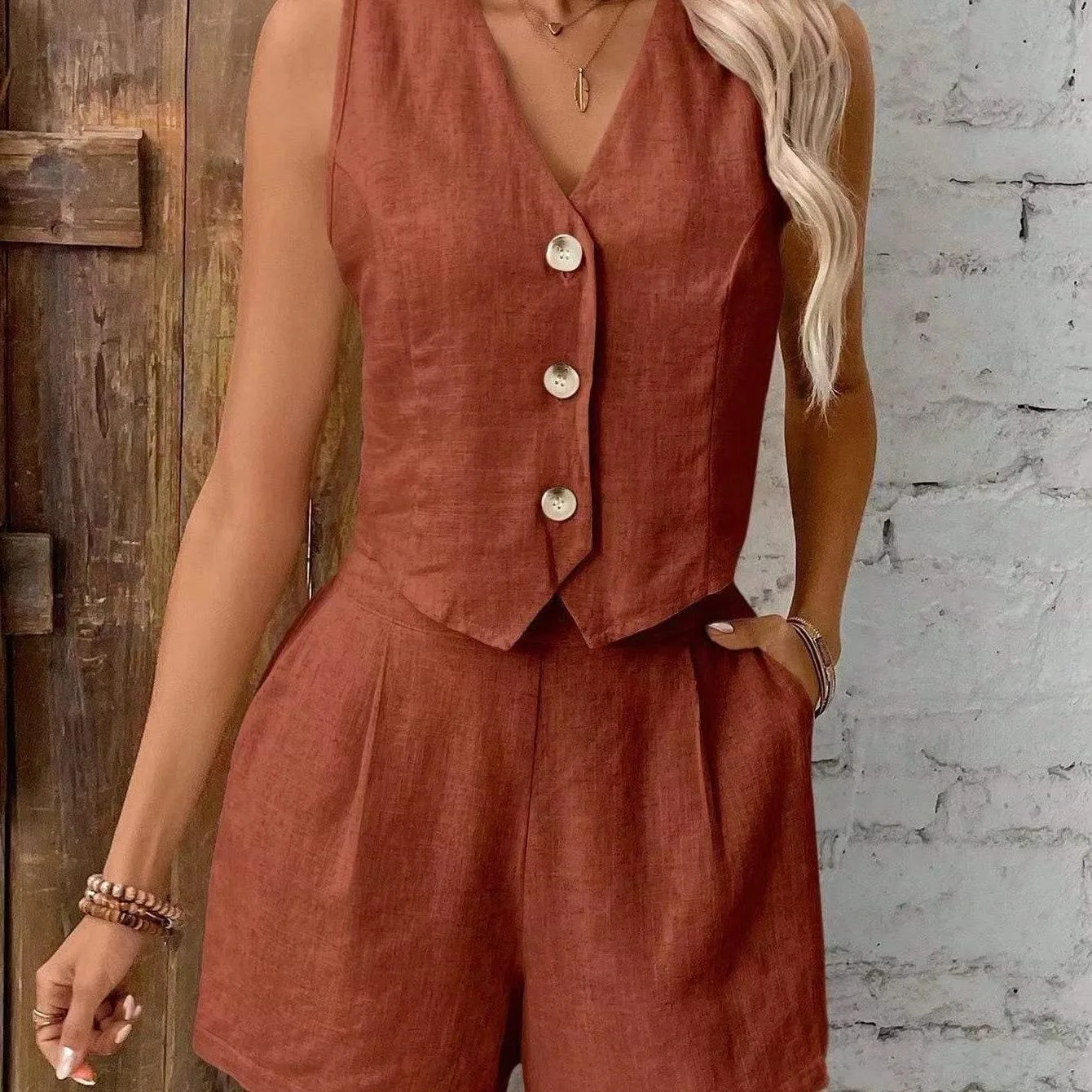 Women's Casual Commute V-Ne Vest And orts Set Button Front Autumn Faion Two-Piece Suit Four Seasons Wear for Adults