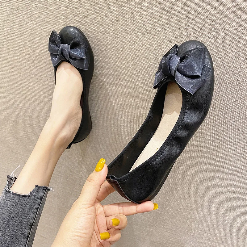 Womens Foldable Soft Round Toe Ballet Flats Butterfly Knot Sweet Comfortable Slip on Flat Ballerinas Shoes Woman PU Leather