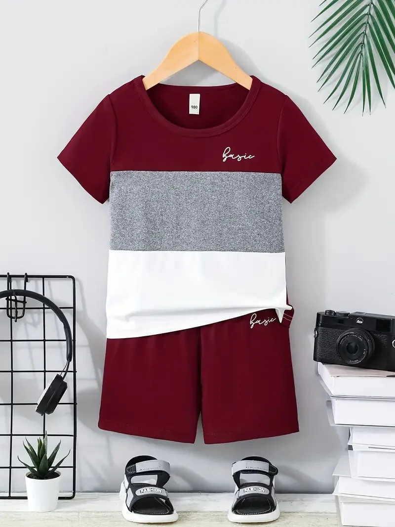 Summer children\'s boys clothes color matching T-shirts and shorts 2-piece set baby girls short-sleeved tops and bottoms