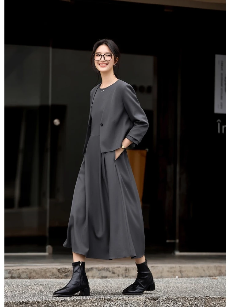 Vimly feminino outono duas peças vestido conjunto usar para trabalhar cinza em torno do pescoço sem mangas vestido longo com decote em v casacos curtos vestido conjunto a3031