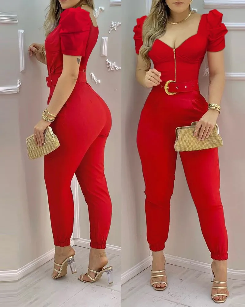 

Women's Front Zipper Jumpsuit with Belt Loose Sleeve Casual Fashion Summer