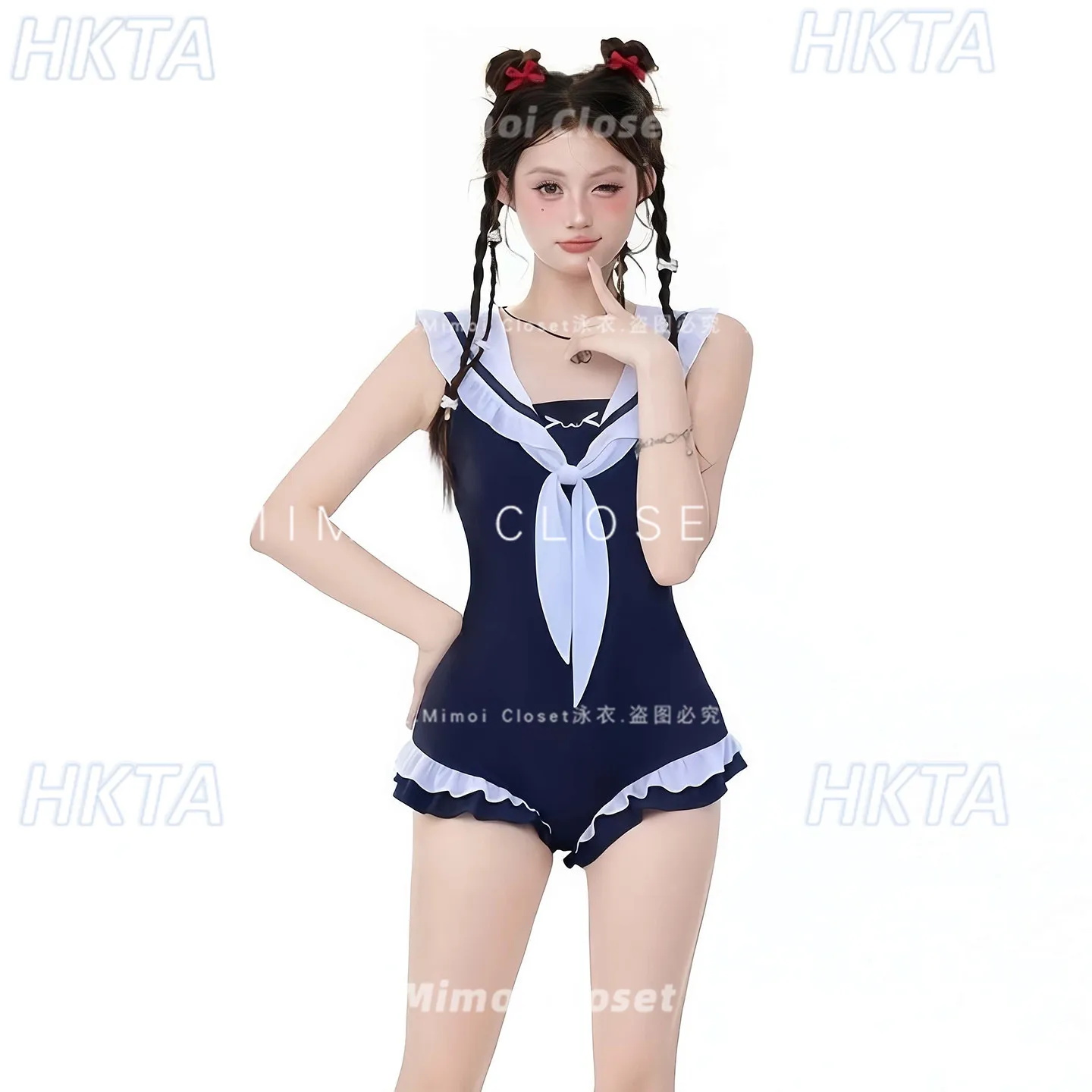 Summer New Dark Blue Girls Cute Swimsuit Japanese Fashion Student One-piece Backless Swimsuit Women Swimming One Piece Bikini