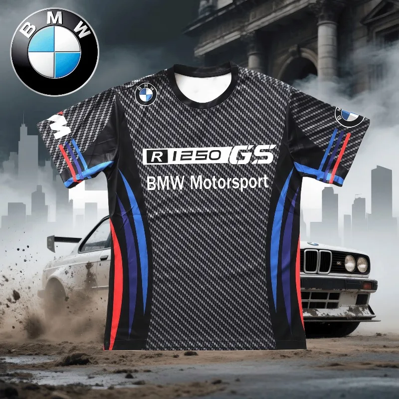 بدلة سباق رياضية كاجوال بأكمام قصيرة مطبوعة ثلاثية الأبعاد جديدة من BMW، بلوزة شبكية قابلة للتنفس سريعة الجفاف، عصرية #1