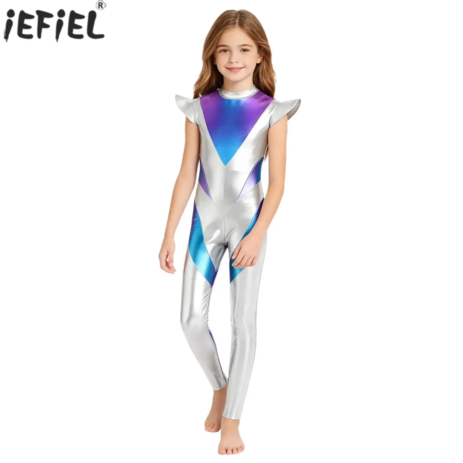 Kids Boys Girls Alien Cosplay Costume Metallic Glossy Fly Sleeve Color Block Jumpsuit Halloween Outer Space Theme Party Dress Up