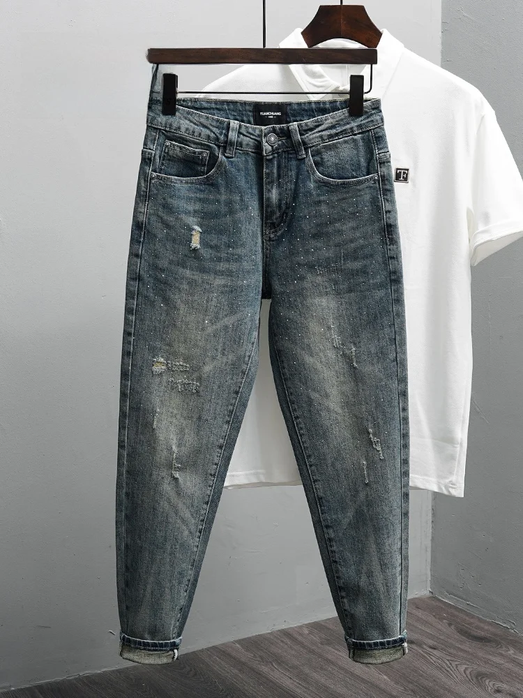 슬림핏 남성 청바지 찢어진 미국 빈티지 스타일 웨이드 코튼 폴리에스터 혼방 통기성 편안한 신축성 있는 나인텐스
