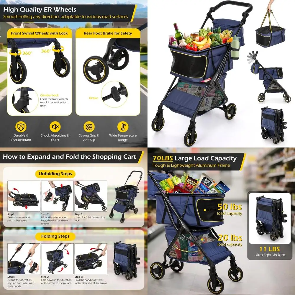 Folding Grocery Cart with 70 lbs Capacity, Adjustable Handle, Swivel Wheels, 2-Tier, Navy Blue