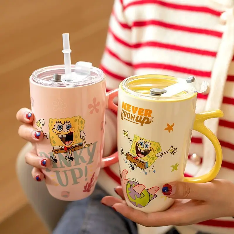 Cute Cartoon Spongebob Squarepants Patrick Star Squidward Tentacles Makeup Ceramic Cup Large Capacity Water Cup with Lid Gift