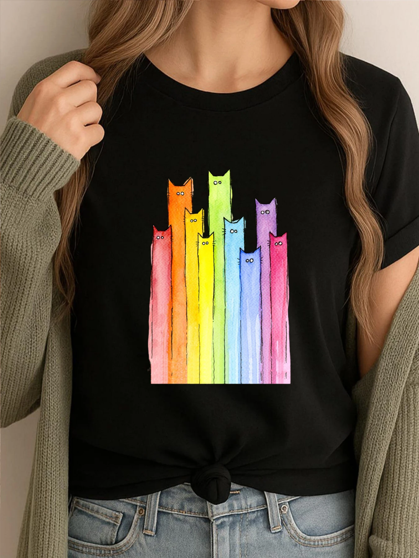

Rainbow Of Cats Graphic T Shirts Men Oversized Tees Cotton Comfortable Camiseta Masculina Cheap Printed Clothes