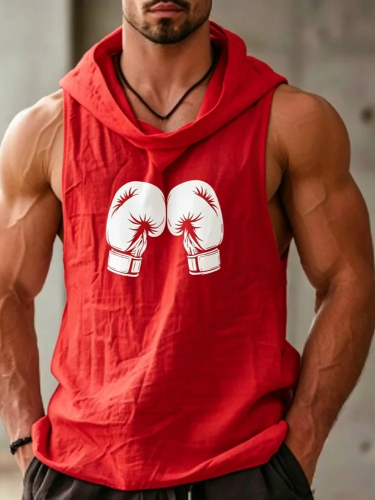 Men's Sleeveless Hoodie Tank Top Boxing Gloves Print Gym Workout Sport Muscle Shirt Streetwear