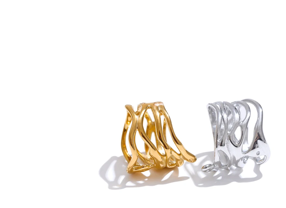 Yhpup # Trendiger 316L Edelstahl geschichteter hohler geometrischer breiter Ring Gold Silber Farbe 18K PVD plattiert Modeschmuck Geschenk – Detail 6