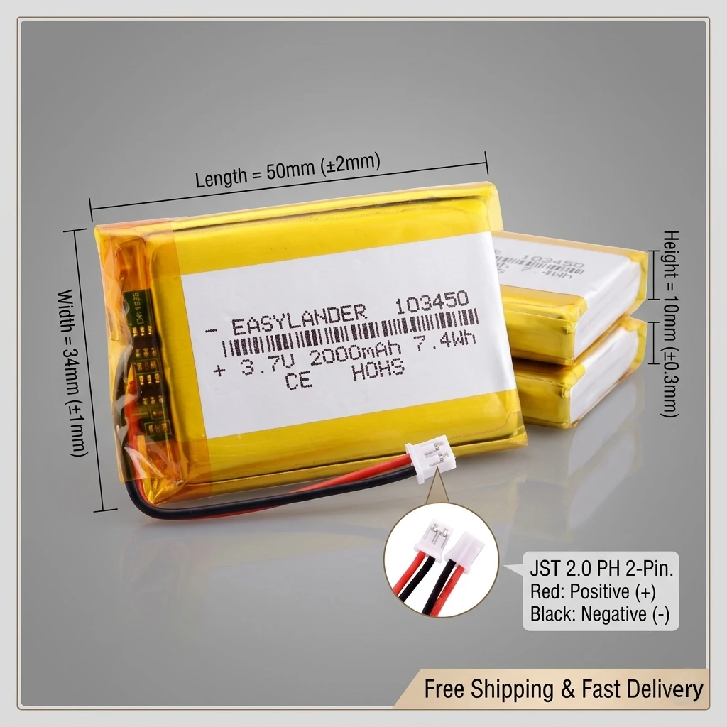 

JST 2.0 2-Pin Silicone Wire Lipo Battery 3.7V for RC Toy Bluetooth Speaker GPS Dash Cam 103450 503040 603048 Rechargeable Cell