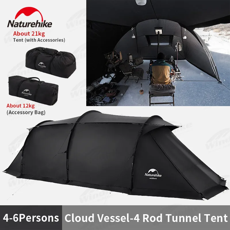 

Naturehike Cloud Vessel Tunnel Tent 4 Rod Double Silicon Black Tent With Snow Skirt 4-6 Person Large Space for camping Hiking