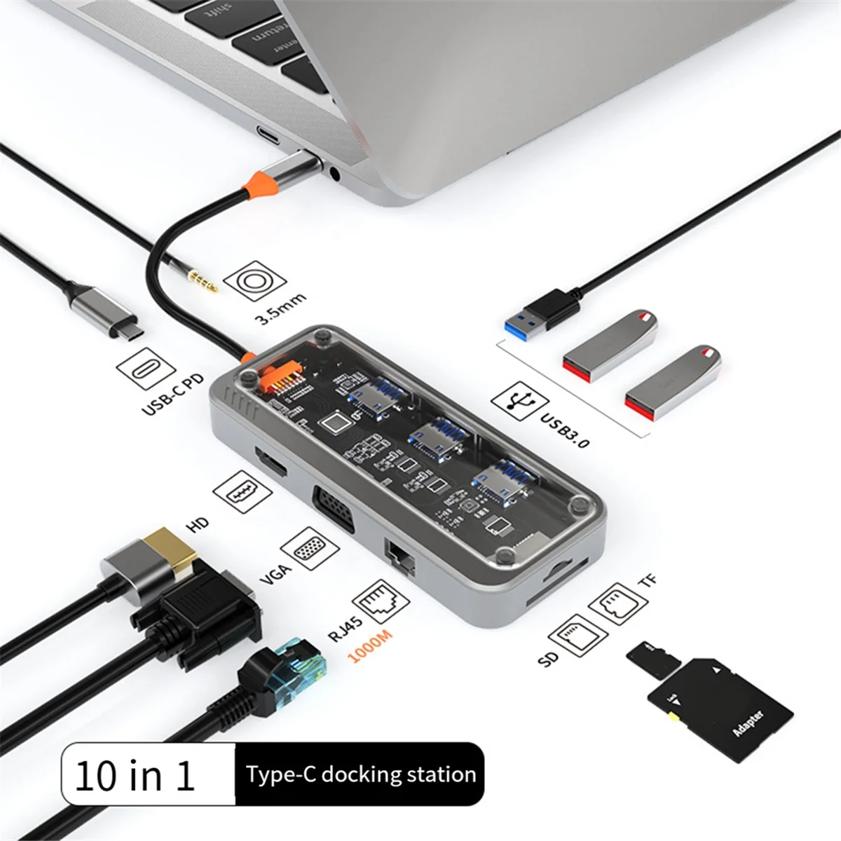 

Highly Recommended.10-In-1 Docking Station Type C HUB USB Compatible RJ45 SD Card Reader