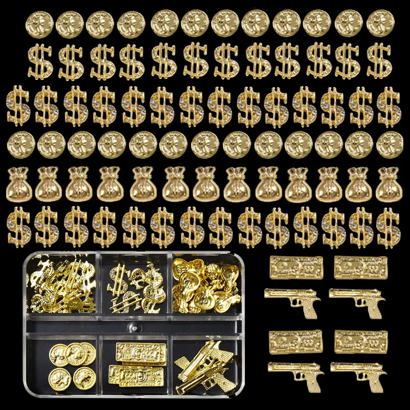 Box-Set mit 6 Fächern, 60 Stück, neue stilvolle Nagelkunst-Schmuckdekoration, Goldpistole und Geldbörse, Metallzubehör