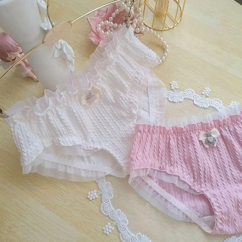 Women Lace Cotton Underwear Ruffle Princess Style Cute Lovely Sweety Female Panties High Stretch Stripes Breathable Breifs