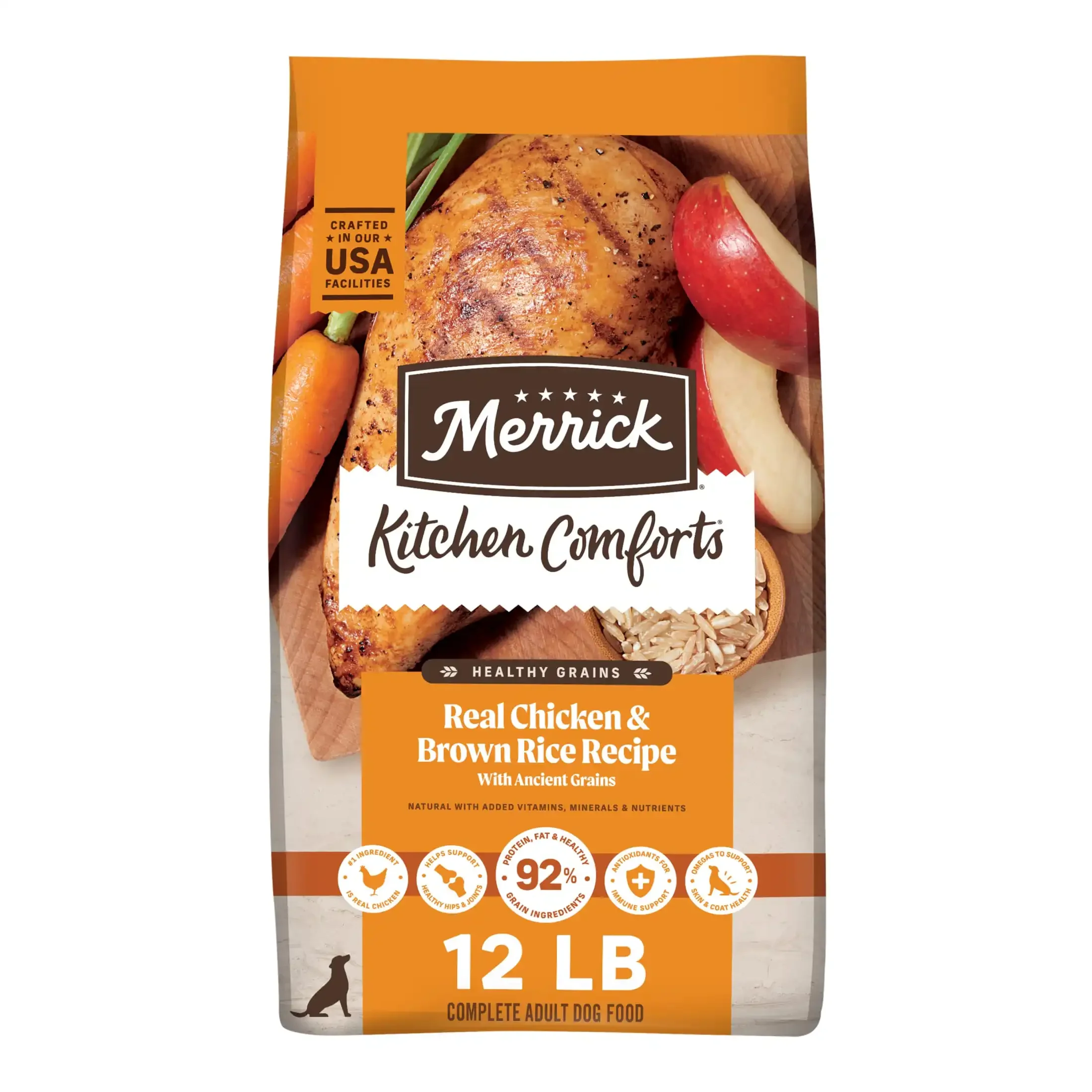 Premium real chicken and brown rice dry dog food for adult dogs, 12-pound bag