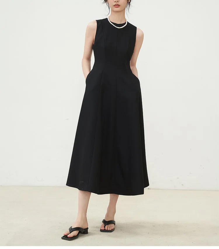 Robe trapèze élégante pour femmes, Style français, taille Empire, col rond, sans manches, couleur unie, robe Simple, été