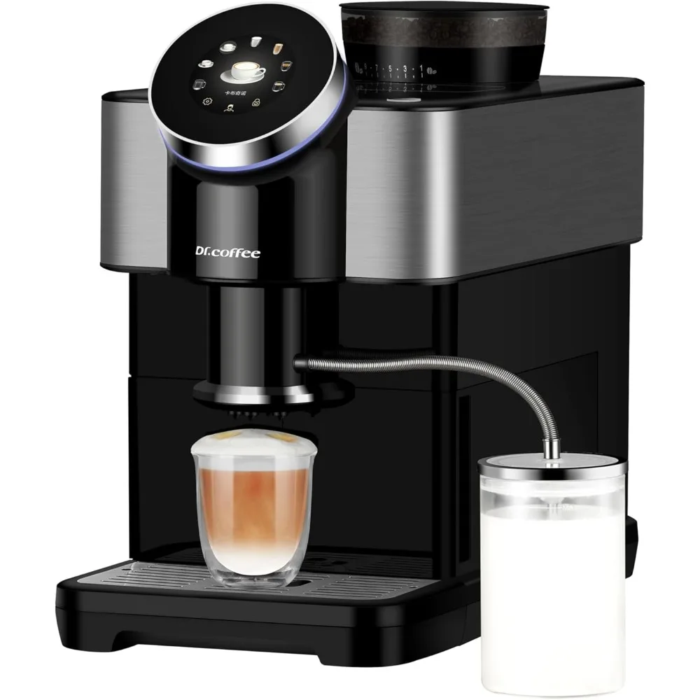 Macchina da caffè completamente automatica H2, caffettiera Espresso con montalatte, serbatoio dell'acqua staccabile e tramoggia di fagioli, rotonda