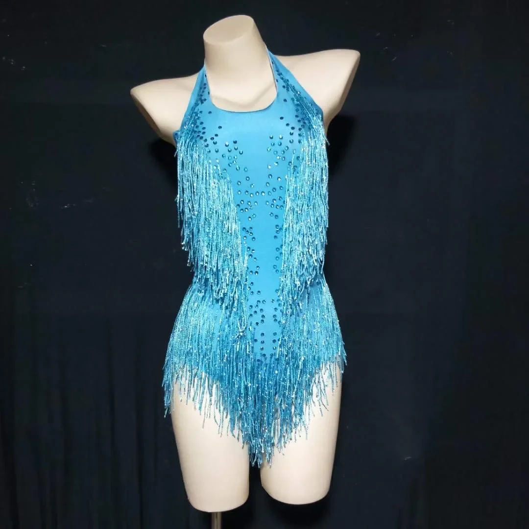 

Multicolored Shining Rhinestones Tassel Halter Backless Bodysuits Women Leotard Pole Latin Jazz Prom Cloth Nightclub Bar Costume