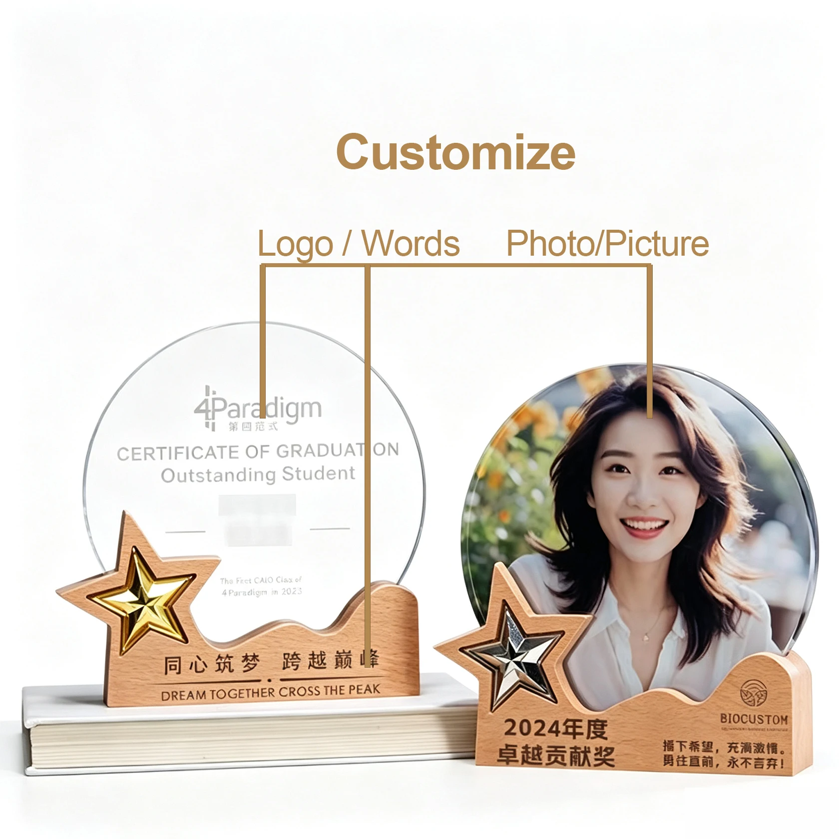 Custom Medal Solid Wood Crystal Trophy Reward Cup Trophy Portrait Photos 2025 Annual Meeting Retirement