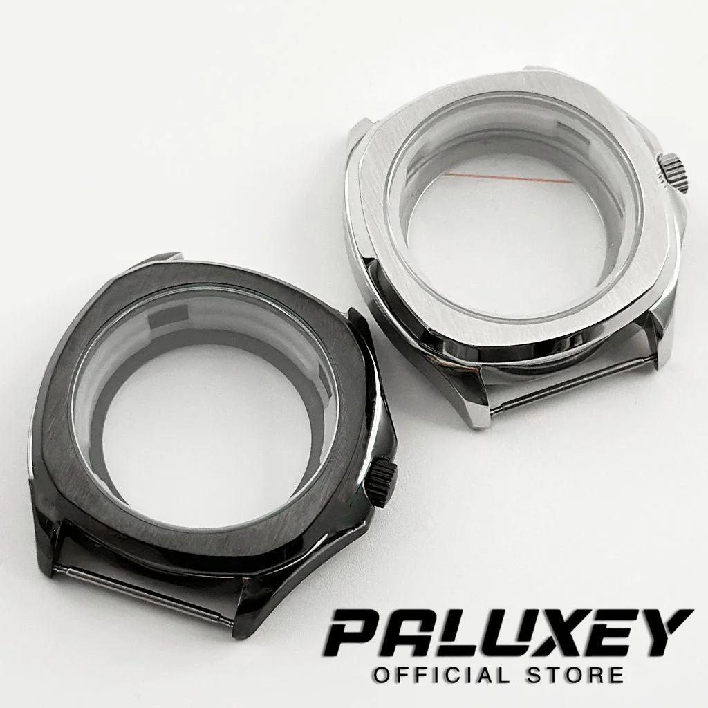 Caja de reloj de acero inoxidable, cristal de zafiro negro plateado, 40mm, compatible con NH35A, NH36A, Miyota 8215, ETA 2824, PT5000, movimiento