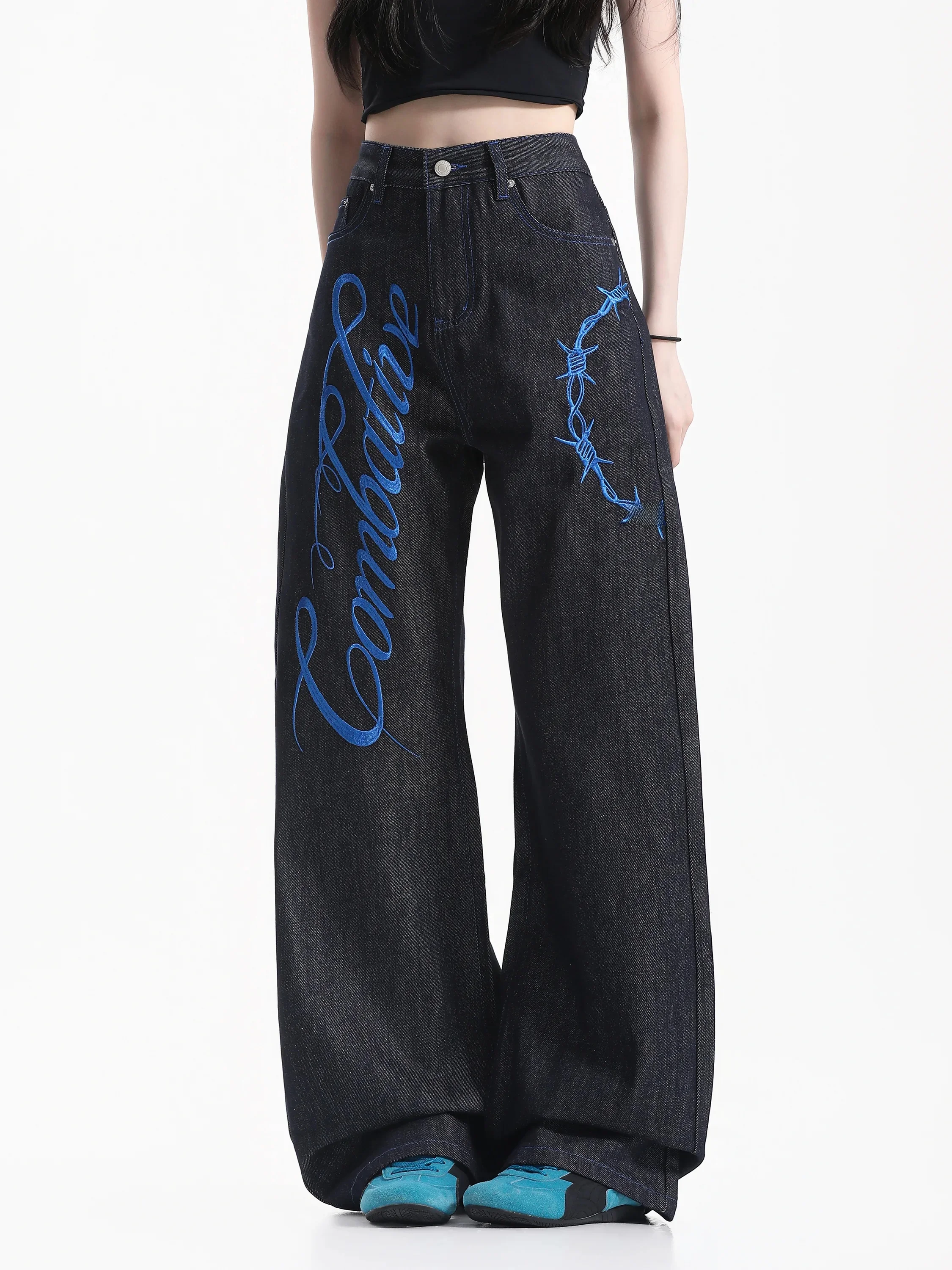 Cleanfit Embroidered Wide Leg Denim Jeans Neutral Style Color Block Floral Lettering Casual Comfortable Loose Fit Jeans