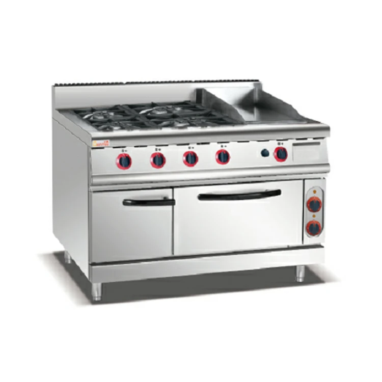 Best Kitchen Solutions Kitchen Equipment 4 Burners Stoves With Bakery Oven Stainless Steel Gas Stove With Griddle