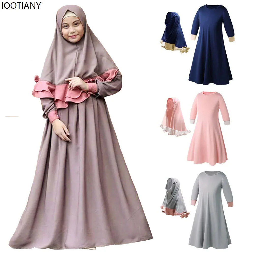 

Islamic Muslim Children Girls Prayer Wear Burkha Robe Ramadan Robe Arabic Middle Eastern Clothing 2 Piece Ruffle Dress Set 2025