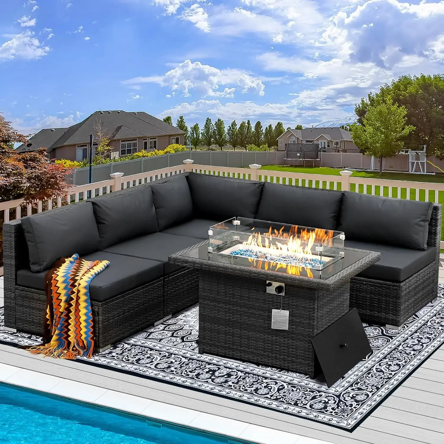 9 Pieces Patio Furniture Sets with Propane Fire Pit Table, PE Wicker Patio Furniture Set