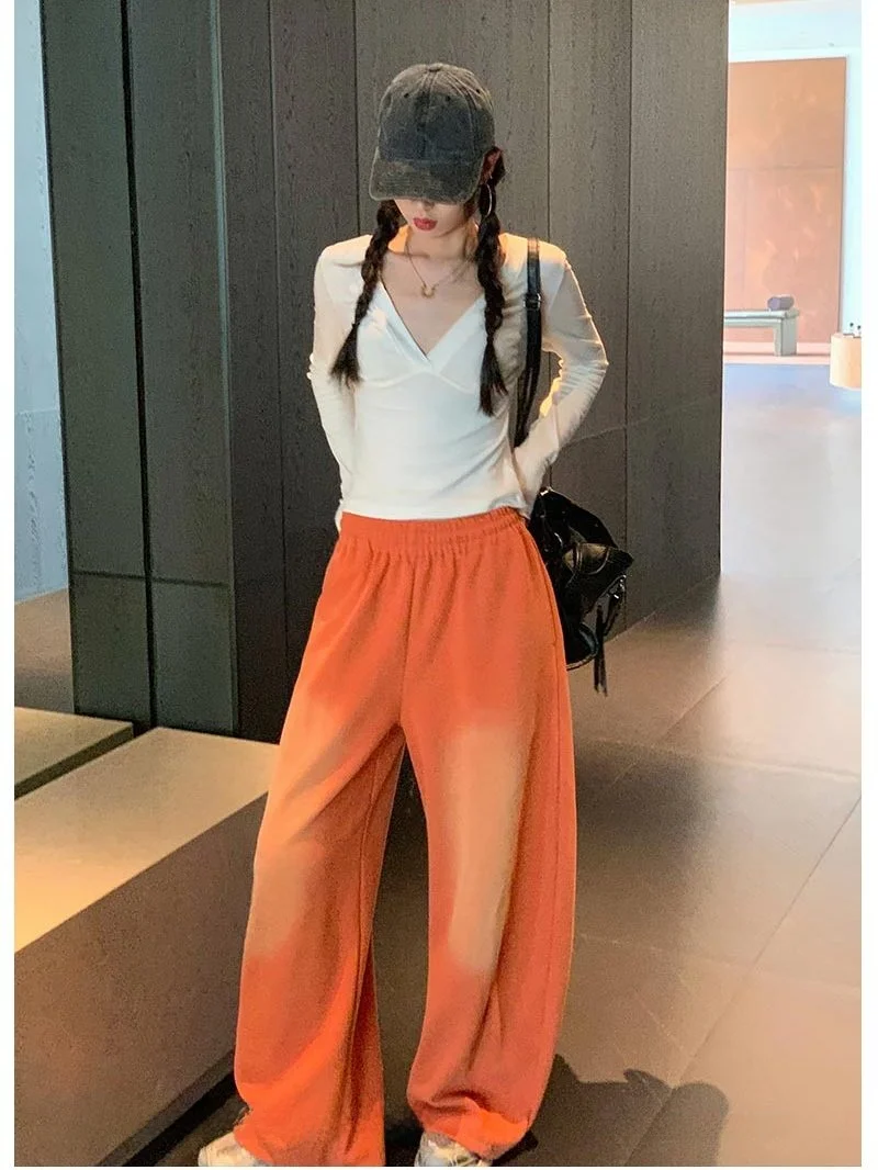 

Nuomici Fce, свободные широкие брюки на подкладке, женские осенне-зимние длинные оранжевые повседневные брюки с высокой талией