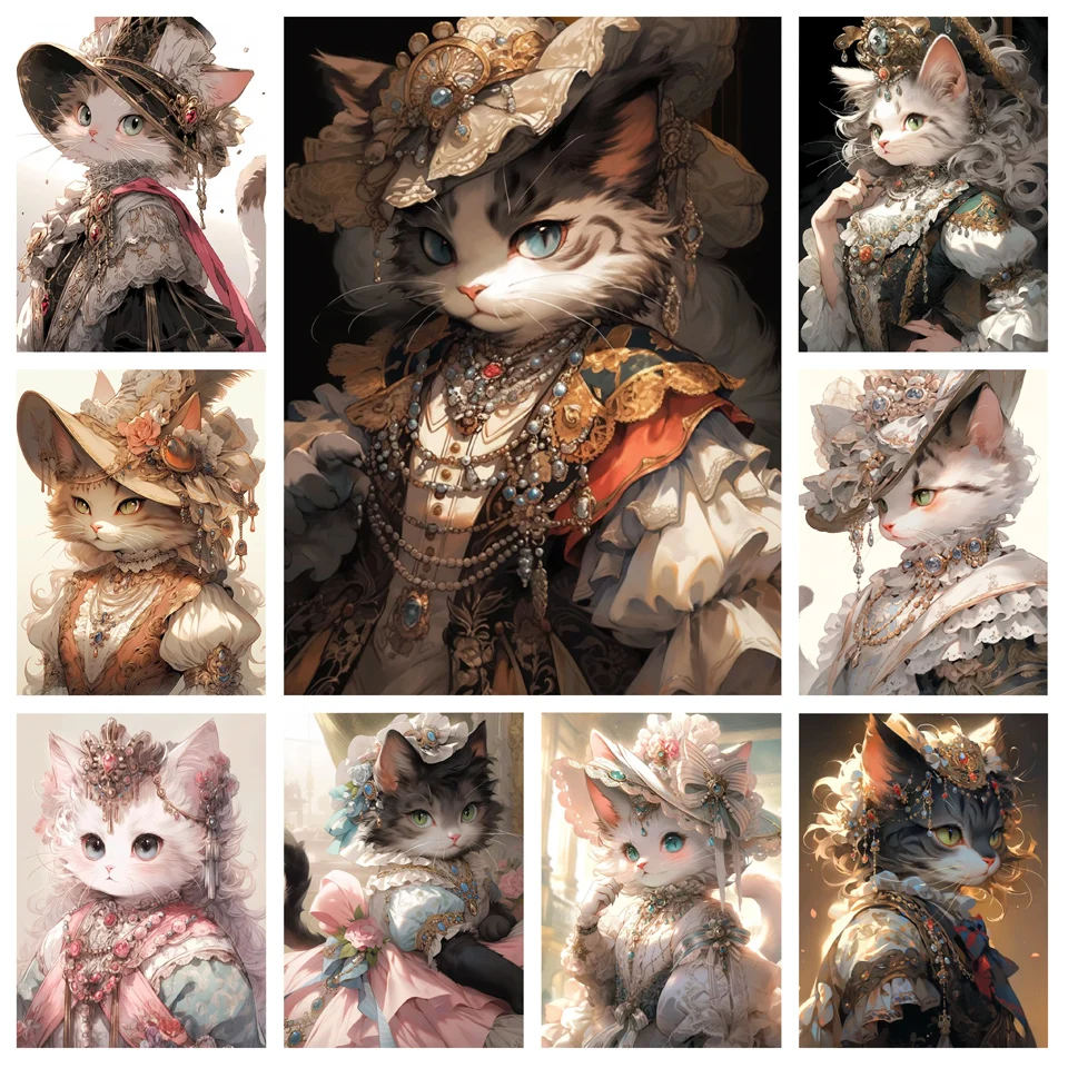 Diy 5d Diamond Painting  Animal Role Play Full Round Diamond Embroidery Mosaic Lady Cat Cross Stitch Kits Home Decoration