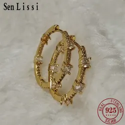 SENLISSI - 18k Gold Hoop Earrings For Women 925 Sterling Silver Clear Zircon Simple 23mm Fine Cерьги Kольц Wedding Jewelry