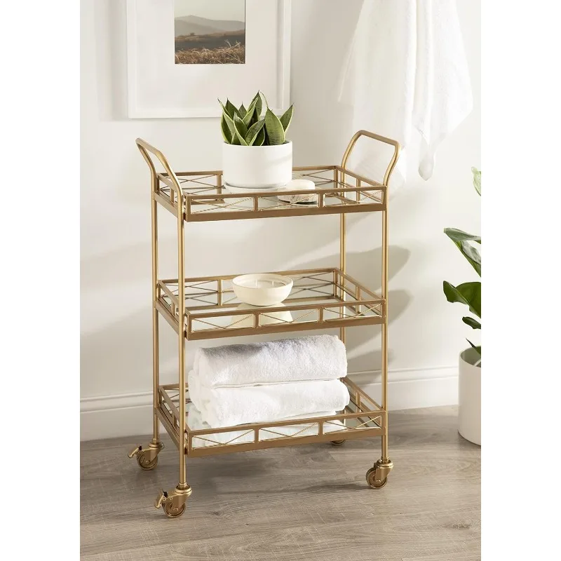 Metal Bar Cart, 23 X 13 X 34, Gold, Glamorous Three Tier Gold Bar Cart for Display and Storage