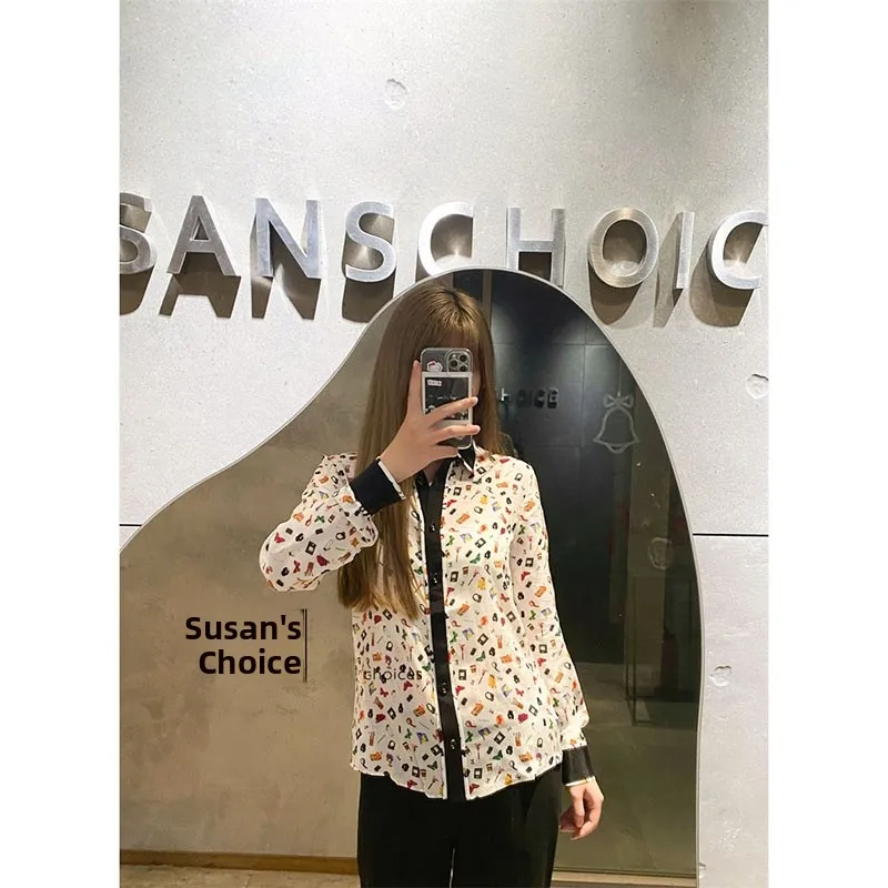 

Susan Faionable Early Spring Long Sve Silk irt, милый топ с мультяшным принтом, женская одежда премиум-класса, китайское производство