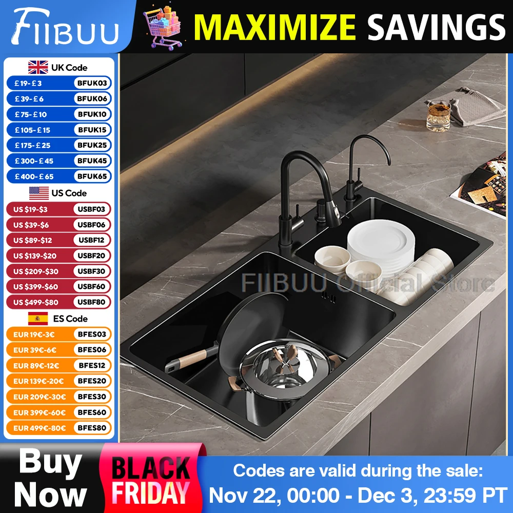 Large Capacity Thickened Handmade Double Sink Black Stainless Steel Kitchen Sink Vegetable Workstation With Multiple Accessories