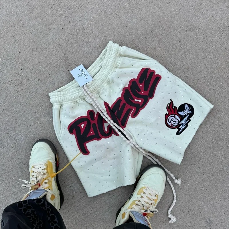 Y2K Harajuku Men Shorts Rhinestone Letter Print Cotton sweatpants Fashion NEW Hip Hop Basketball Streetwear Loose Casual Shorts