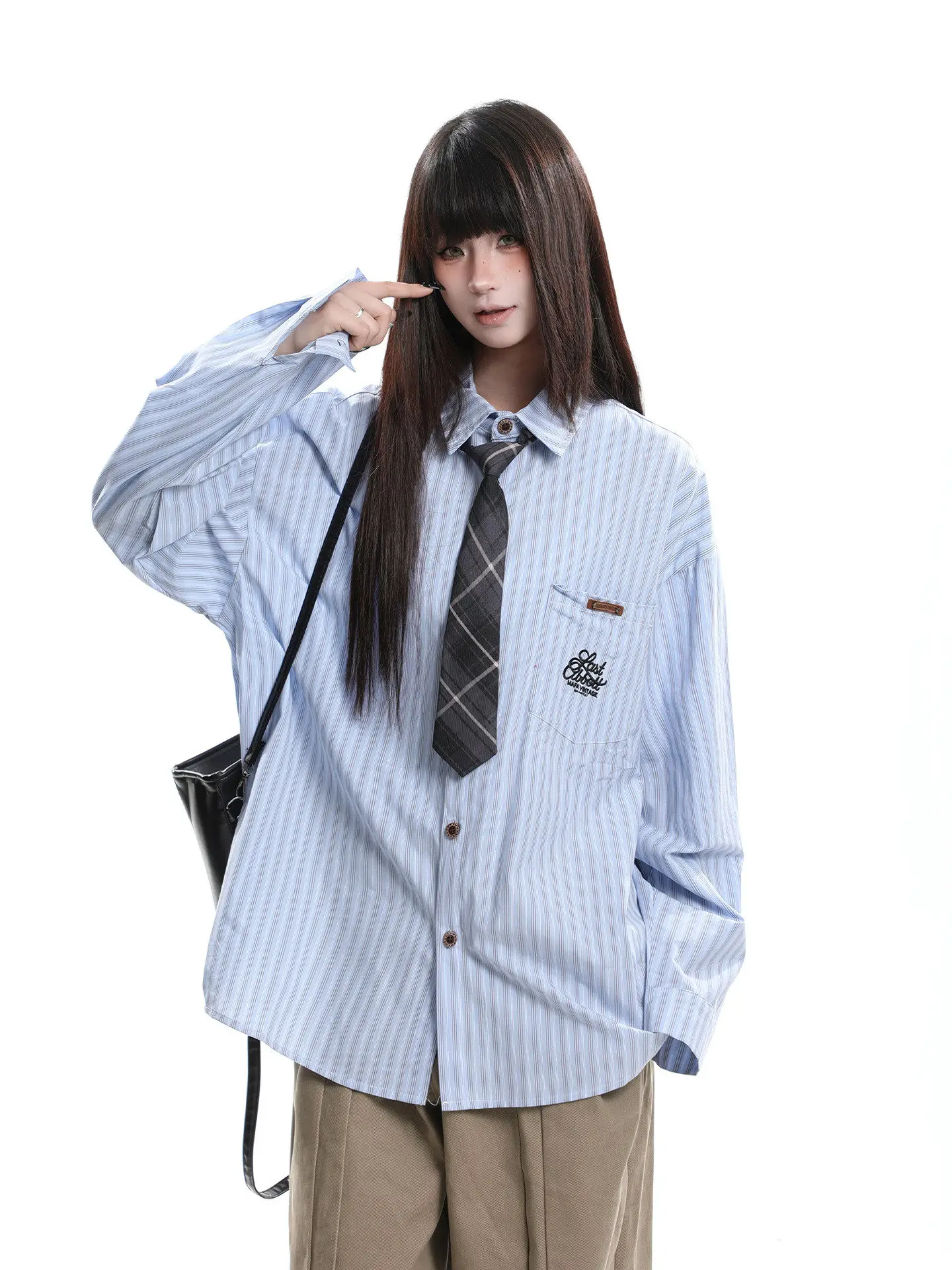 

Ретро-рубашка в американском студенческом стиле, в полоску, свободного кроя, повседневная, с длинным рукавом, женская, универсальная, удобная, дышащая, с воротником, с завязками на талии.