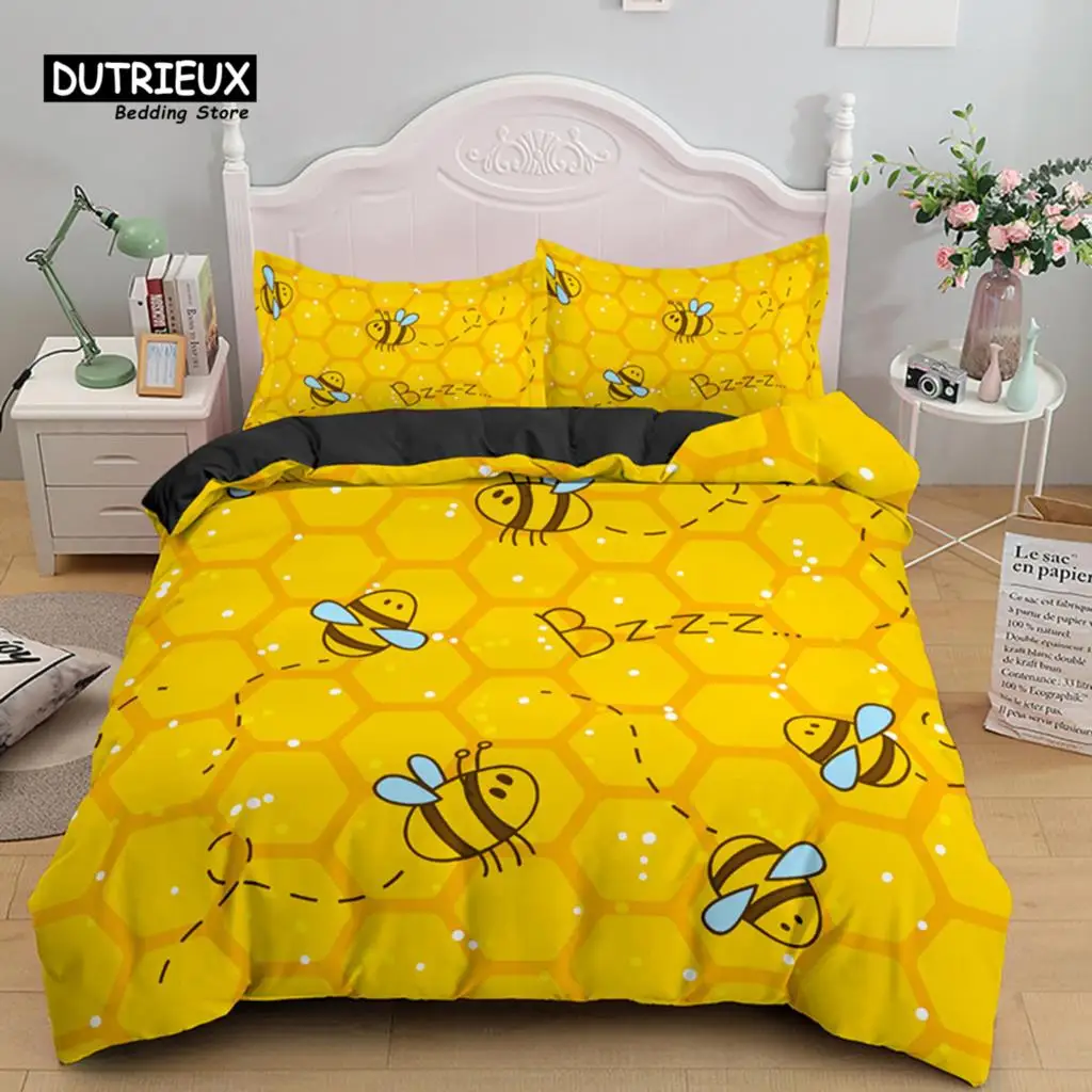 Bee Honeycomb Bedding Set Flying Wildlife Geometric Floral Duvet Cover Twin King Size Microfiber Hexagon Beehive Comforter Cover