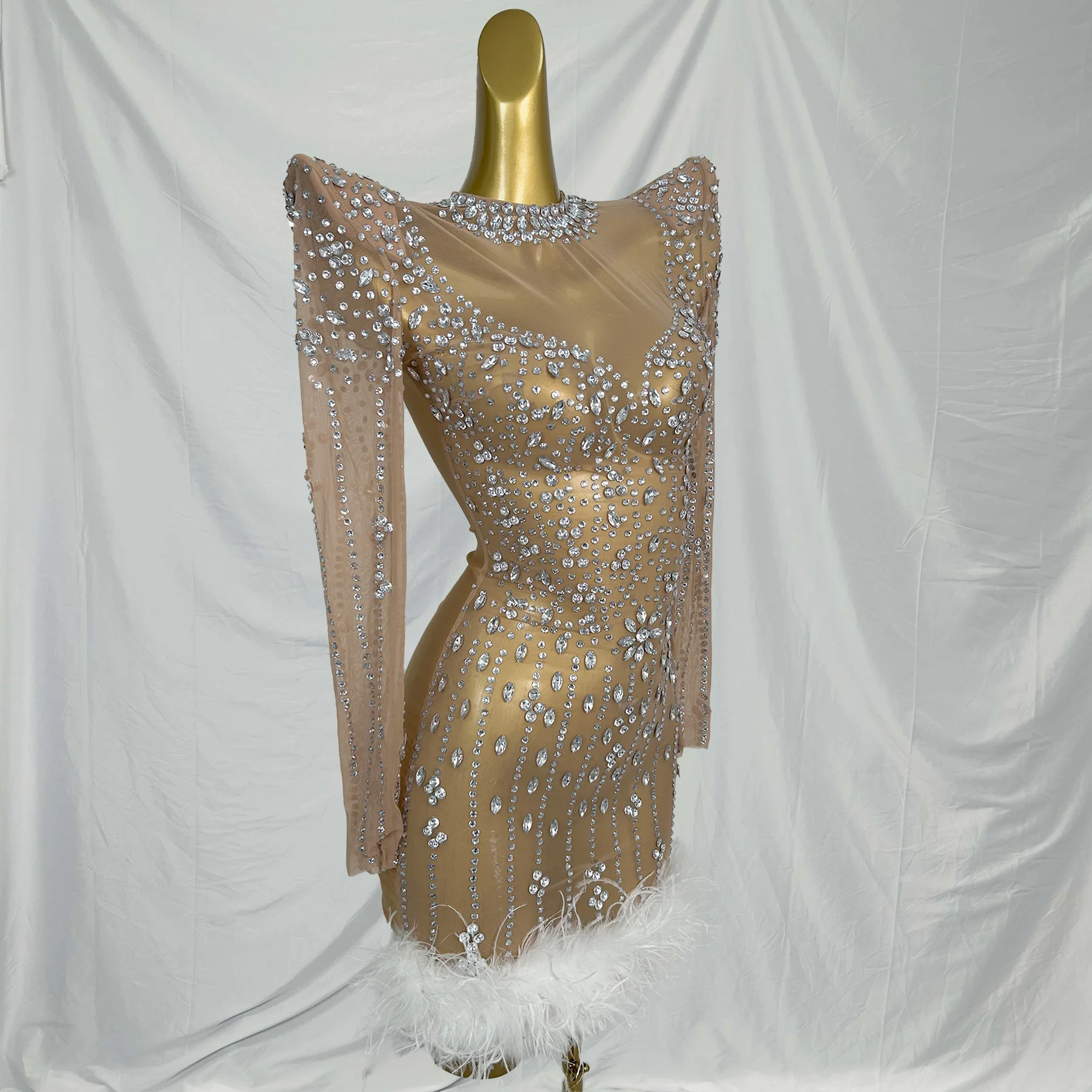 2026 Vestido de manga larga para fiesta de cumpleaños, vestido de cristal para celebración, vestido corto de cóctel con plumas para mujer, vestido de cena, traje de Festival