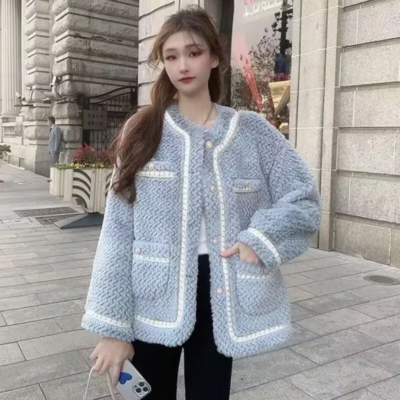 Imitation Fur Elegant Luxury Wool Thickening Warm Jackets Womens Autumn Winter O Neck Single Breasted Loose Coat Korean Fashion