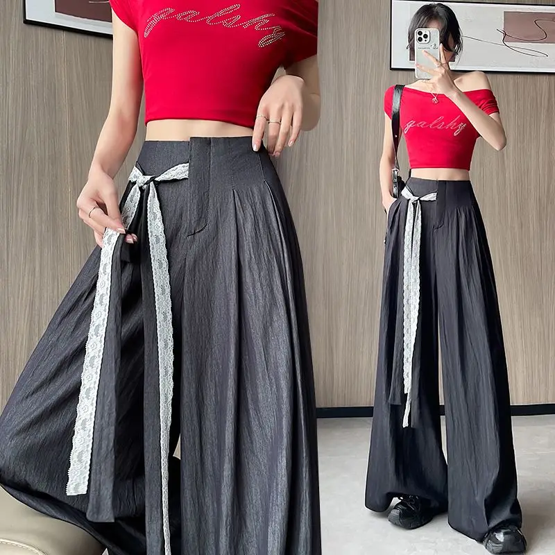 Pantaloni a gamba larga in pizzo a vita alta Donna Primavera Estate Pantaloni con gonna lunga fino al pavimento in seta di ghiaccio sottile con orlo largo