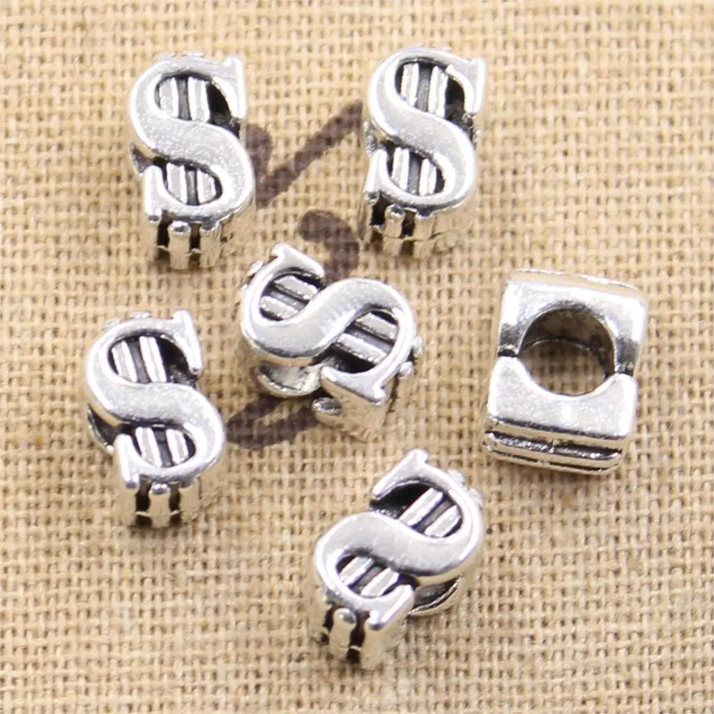 8pcs 11x7x8mm USD Dollar Money 5mm Big Hole Bead Charm Fits Antique Silver Color Charm Bracelets Wholesale