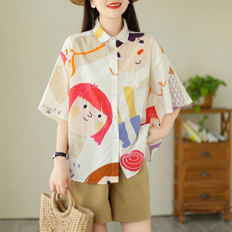 plus Size Women's Summer Cartoon Printed ort Sve Loose Casual irt Slimming Trendy Top for Younger Looking