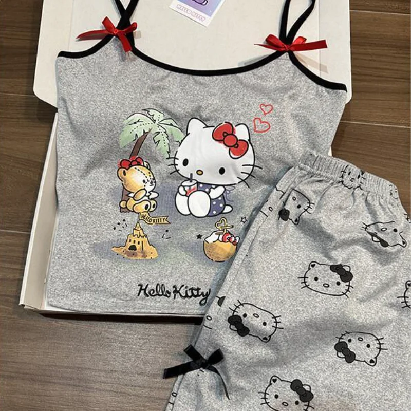 

Sanrio Hello Kitty Cute Women Girls Summer Sleeveless Pajama Set with Built In Bra Home Fashion Casual Loungewear Korean Style