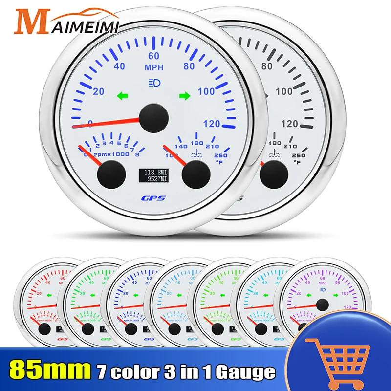 

3In1 85mm Car Gauge MPH Speedometer PRM Tachometer °F Water Temperature Gauge 7 colors Backlight Universal For 12v 24v Car Boat