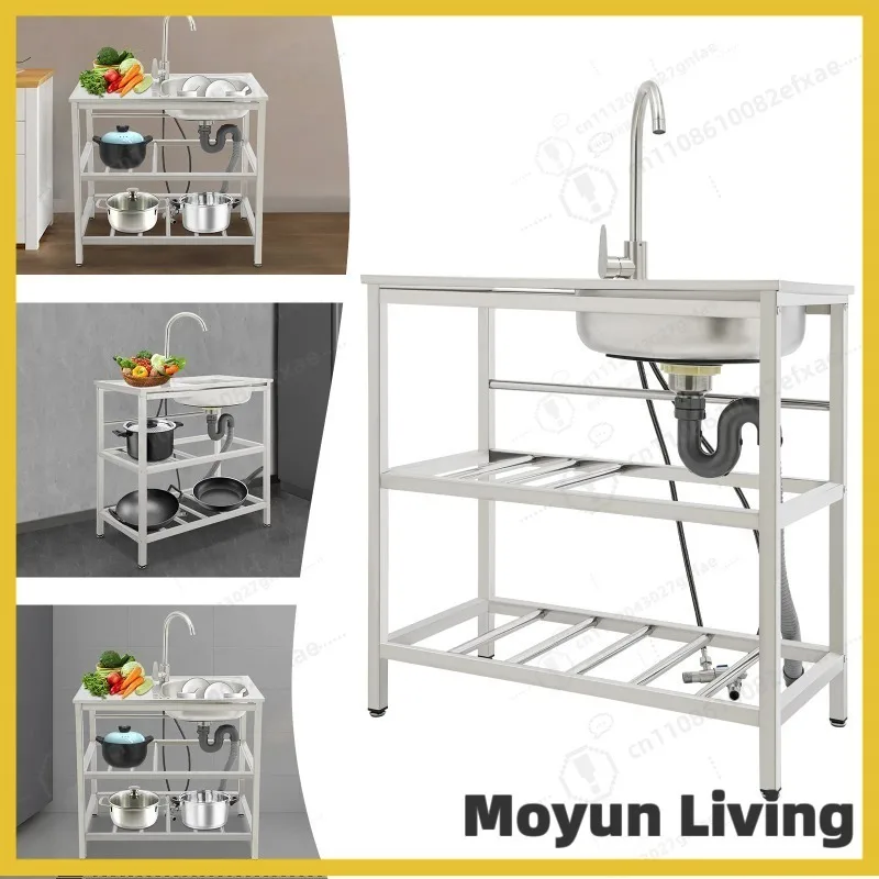 Stainless Steel Outdoor Kitchen Sink Freestanding Workstation with Faucet Storage Rack Cold Hot Water Adjustable Feet for Patio