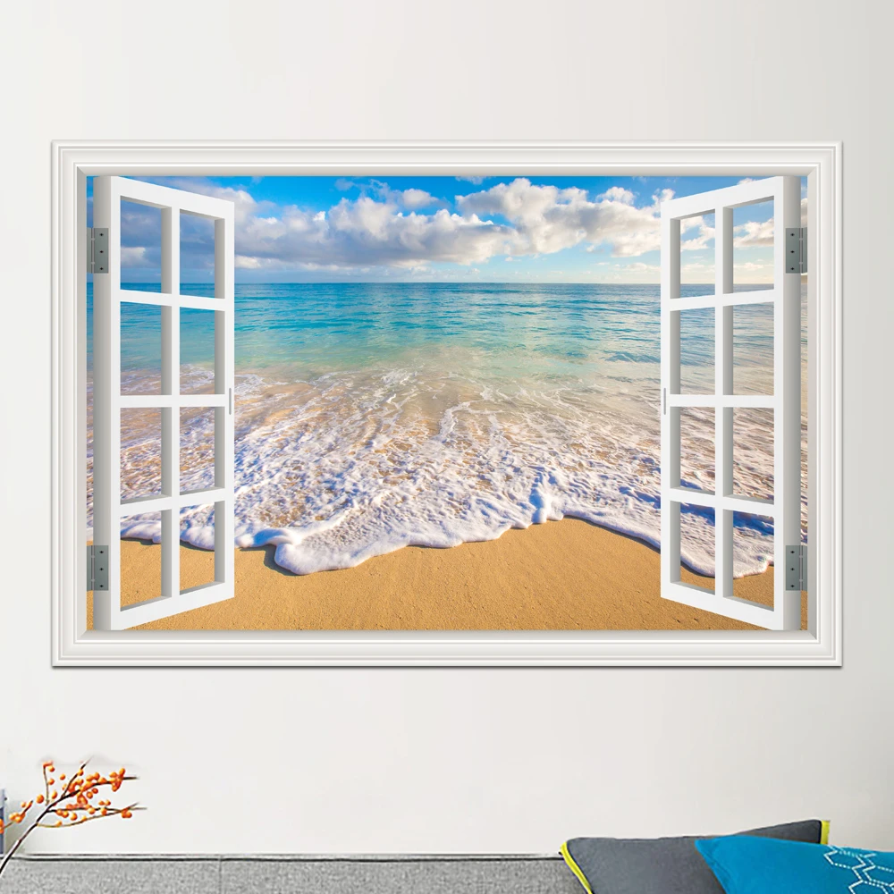 3D Window View Wall Sticker Beach Summer Beach Coconut Tree Wall Murals Removable Print Art Canvas Poster for Living Room Pictur