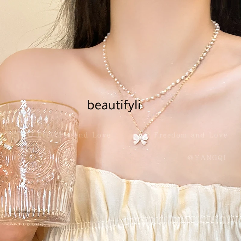 

Bow Pearl Double-Layer Necklace Light Luxury Minority Accessories High-Grade Choker Clavicle Chain