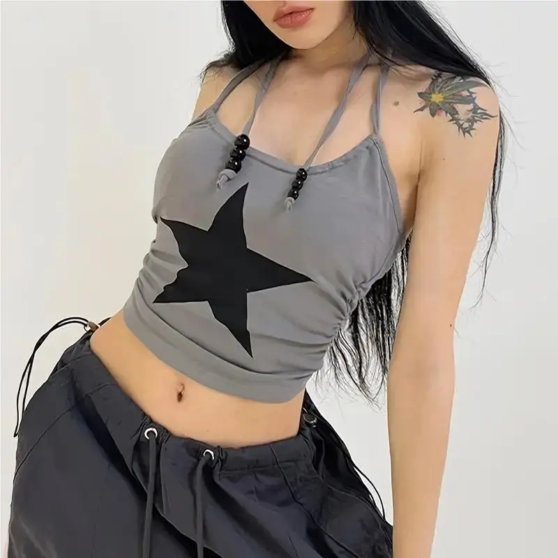 بلوزة أمريكية ريترو سبايسي جيرل ليتل ستار قصيرة بدون أكمام مجوفة للتنحيف